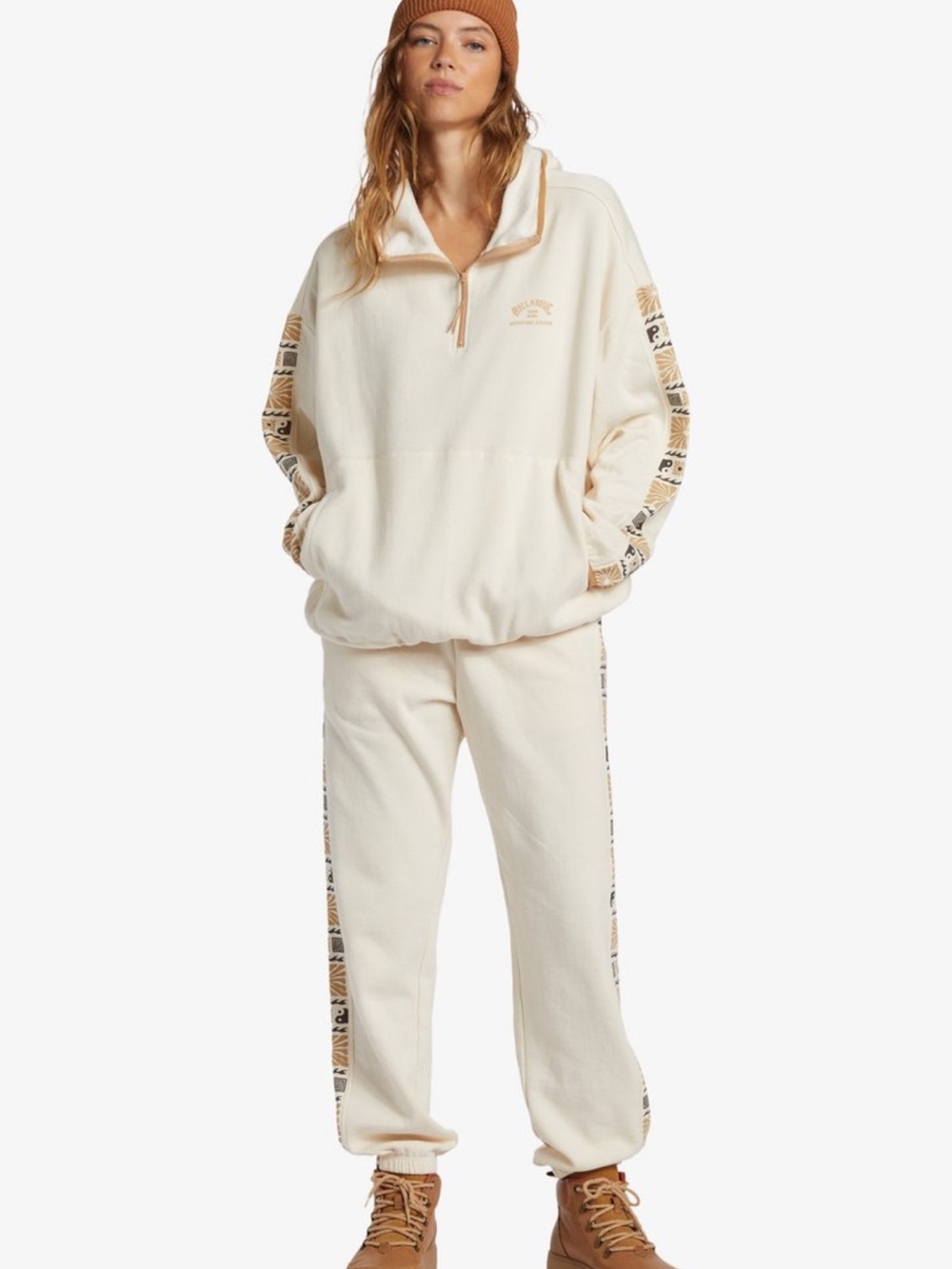 Billabong Cream Half-Zip Fleece Sweatshirt with Patterned Trim